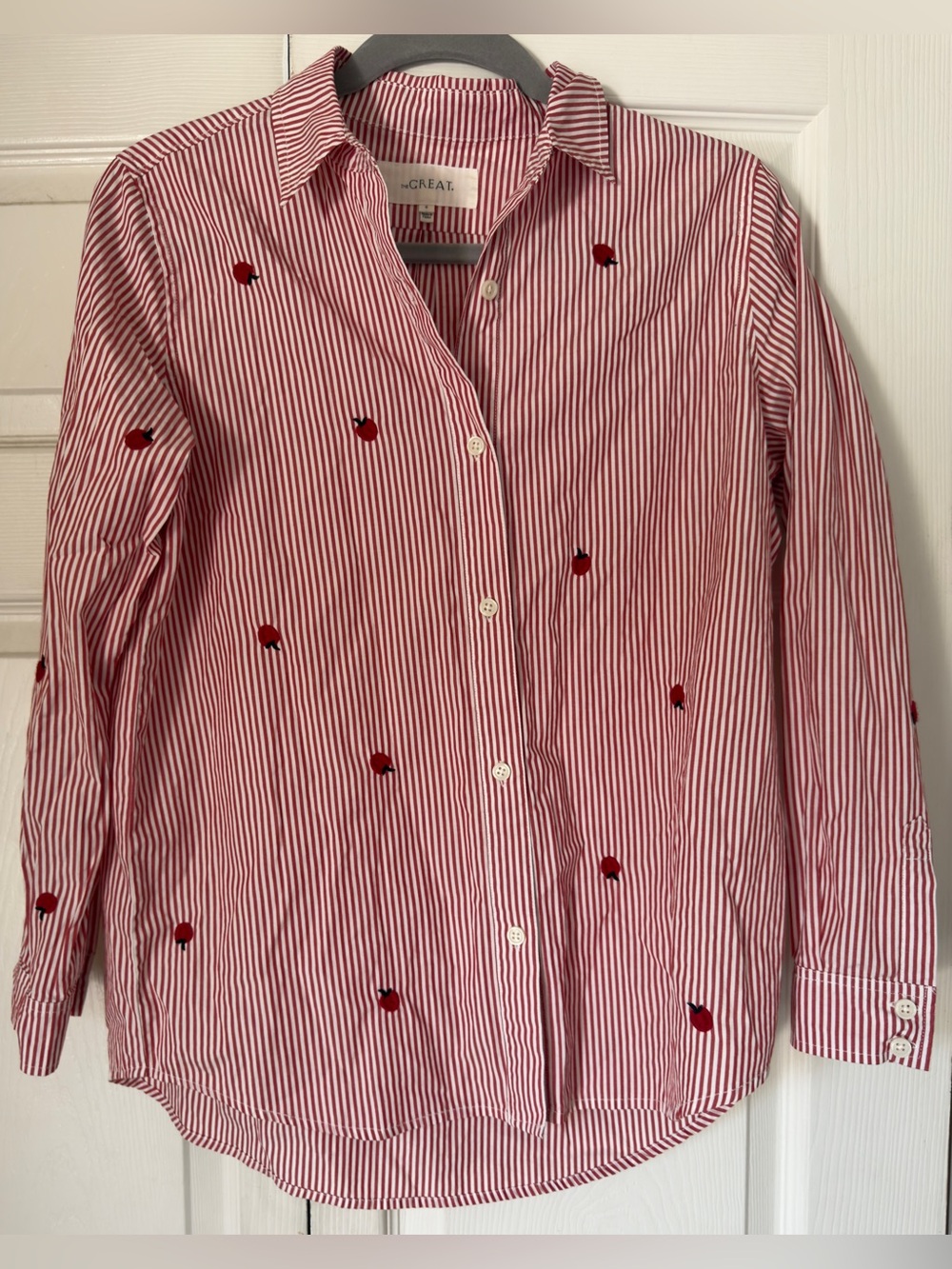 THE GREAT. Red & White Striped Shirt with Red Embroidery 100% Cotton